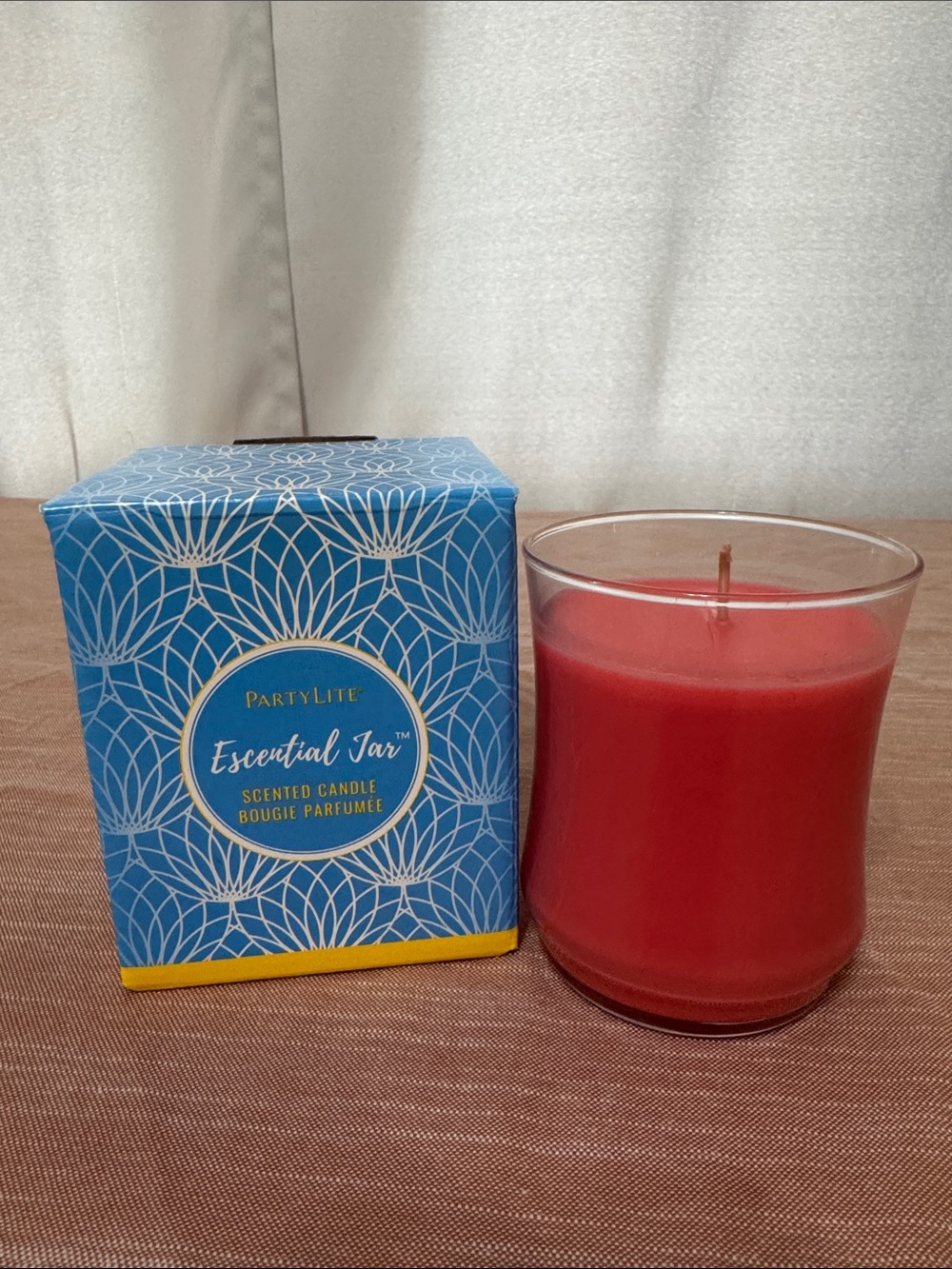PartyLite Red Jar Candle with Decorative Blue Box